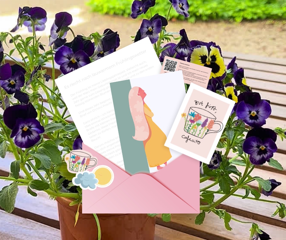 D'chlini Poscht — Umschlag mit Brief, Kunstdruck, Stickern und Postkarte zwischen Frühlingsblumen